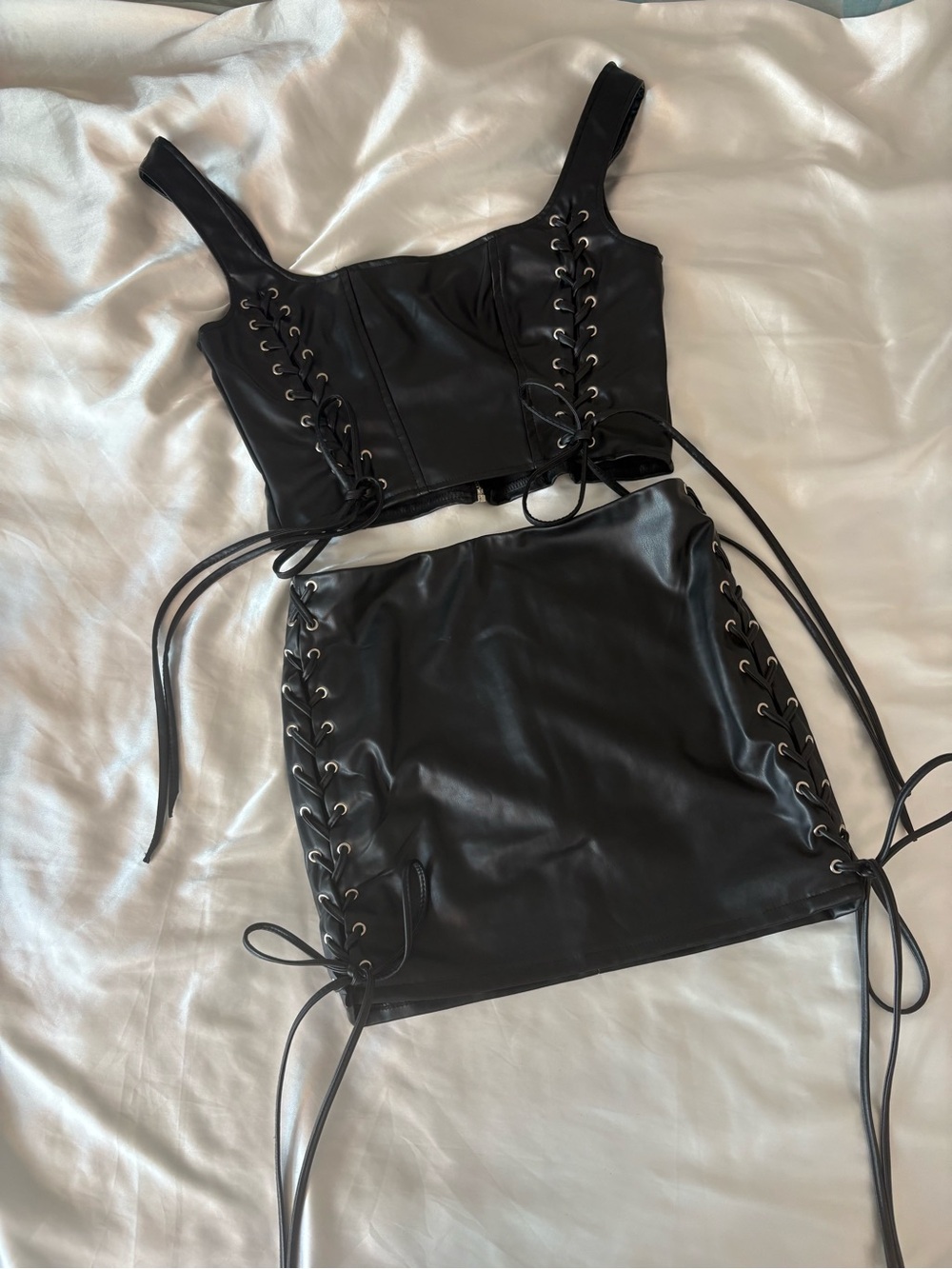 PLT  Premium Black Faux Leather Lace Front Square Neck Corset & Micro Mini Skirt